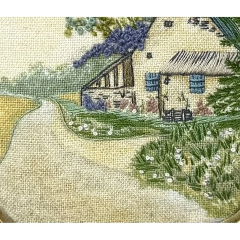 Vintage Hand Embroidered Needlepoint Cottage Art Gold Frame 6.5x5 Countryside